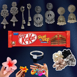 COMBO OF 13 PIECES GIFT HAMPER - 4 EARINGS , 1 RING , 4 SCRUNCHIES , 2 HAIR CLAW - 1chocolate - 1 KEYCHAIN