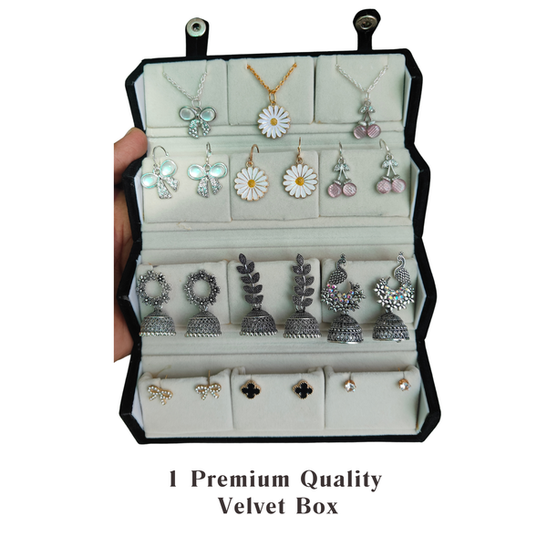 16 Pcs Luxury Jewelry Gift Hamper | Jhumkas, Earrings, Necklaces, Scrunchies, Claw & Custom Polaroids | Premium Velvet Box Combo.