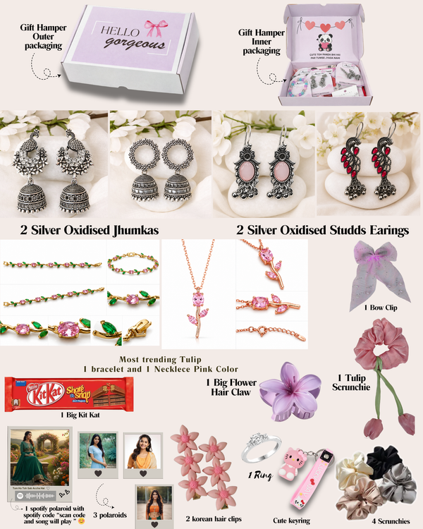 Trending Tulip Bracelet Premium Gift Hamper Set of 18 for Her | Jewellery, Accessories & Sweet Surprises