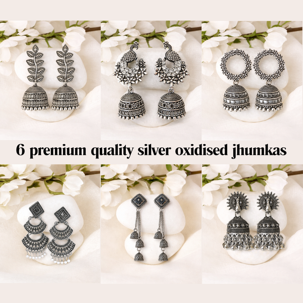 Hello Gorgeous Panda Theme Gift Box (15 Items) | 6 Silver Oxidised Jhumkas + 3 Korean Earrings + 3 Custom Polaroids (1 Spotify) + Free Ring, Cute Keychain & KitKat Chocolate