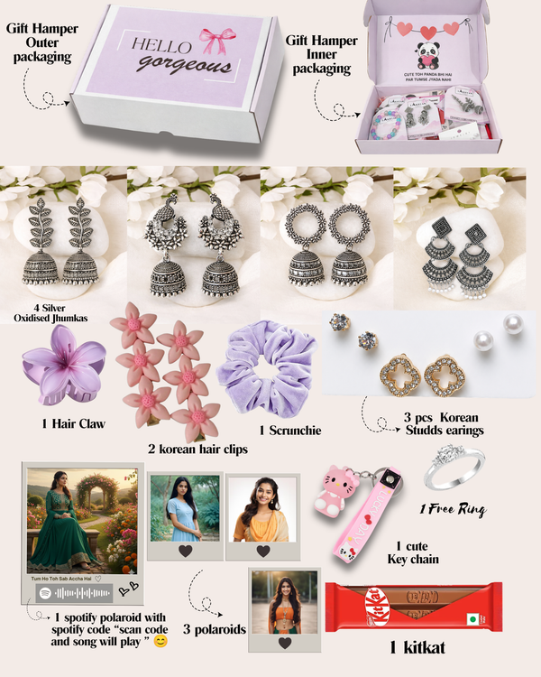 Cute Gift Box (15 Items) | 4 Silver Oxidised Jhumkas + 3 Korean Earrings + 3 Custom Polaroids (1 Spotify)