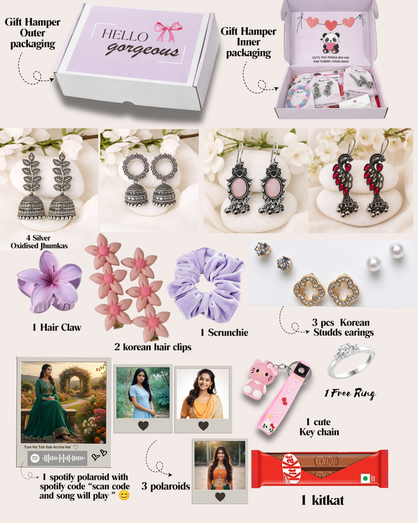 UNIC Gift Box (15 Items) | 4 Silver Oxidised Jhumkas + 3 Korean Earrings + 3 Custom Polaroids (1 Spotify)