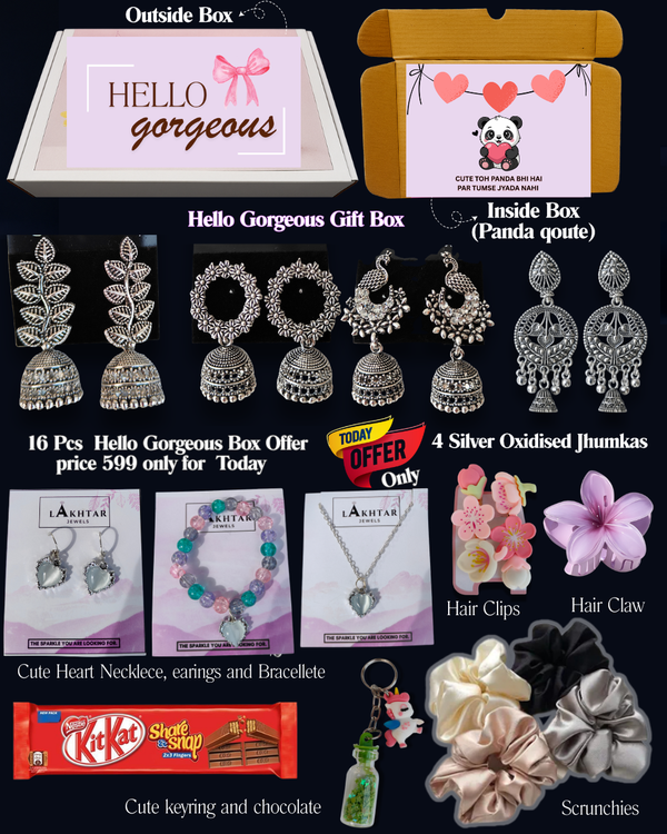 16 Pcs – Hello GoregeousWishSpecial Cute Bow Gift Hamper for Her | With Unique Festive Gift BoxPerfect forBirthday & Special Occasion Gifting