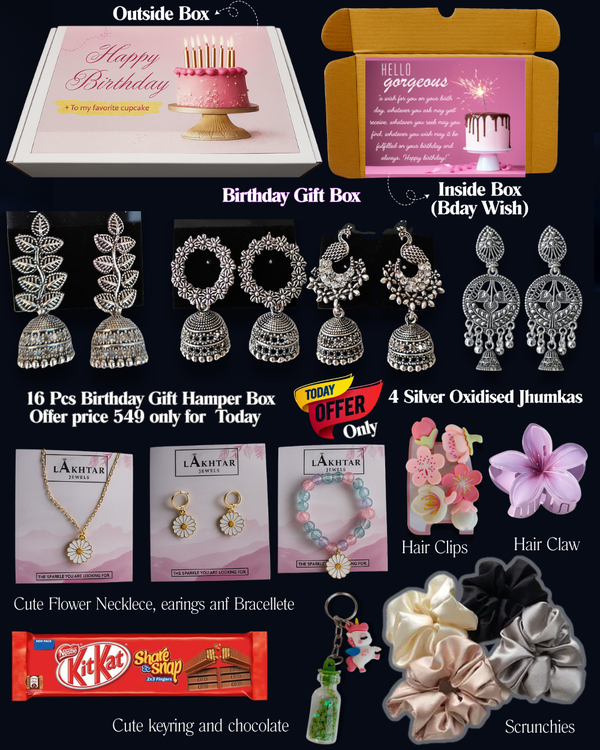 16 Pcs – Birthday WishSpecial Cute Flower Gift Hamper for Her | With Unique Festive Gift BoxPerfect forBirthday & Special Occasion Gifting