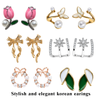 12 Pairs Korean Style Earrings Gift Set for Girls & Women with Premium Velvet Jewelry Box | Cute Pearl, Bow, Tulip & Floral Stud Earrings Collection