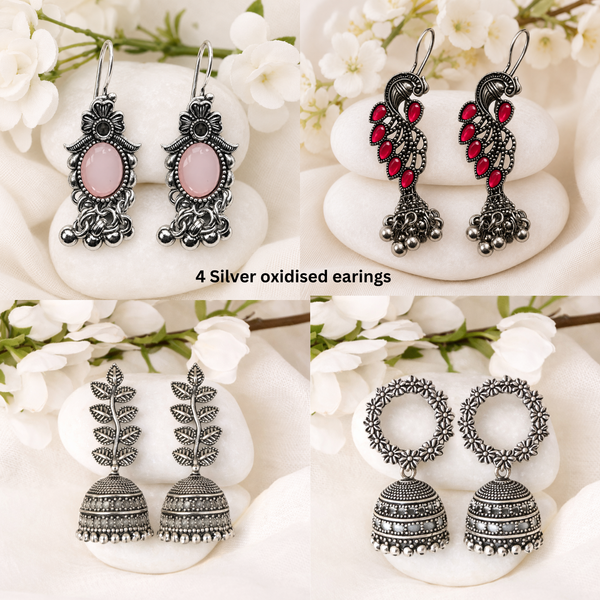 UNIC Gift Box (15 Items) | 4 Silver Oxidised Jhumkas + 3 Korean Earrings + 3 Custom Polaroids (1 Spotify)