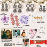 Cute Gift Box (15 Items) | 4 Silver Oxidised Jhumkas + 3 Korean Earrings + 3 Custom Polaroids (1 Spotify) + Free Ring, Hair Claw , Clip ,Scrunchies Cute Keychain & KitKat Chocolate
