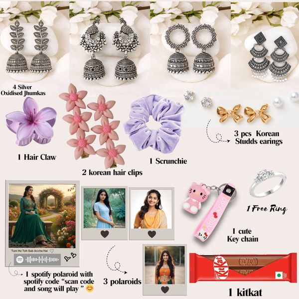 Cute Gift Box (15 Items) | 4 Silver Oxidised Jhumkas + 3 Korean Earrings + 3 Custom Polaroids (1 Spotify) + Free Ring, Hair Claw , Clip ,Scrunchies Cute Keychain & KitKat Chocolate