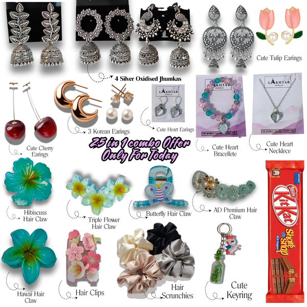 COMBO OF 25 PIECES HEART GIFT HAMPER - 10 EARINGS , 1 NECKLECE , 1 BRACELET , 4 SCRUNCHIES , 7 HAIR CLAW - 1CHOCOLATE- 1 KEYCHAIN