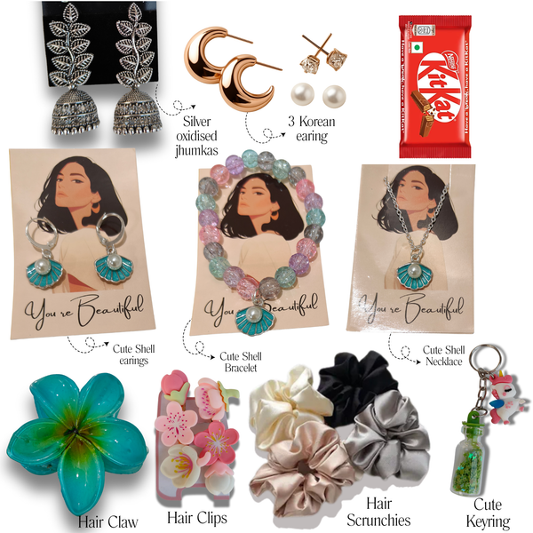 16 Pcs - Cute Shell Hamper For Her With Unique Gift Box – Perfect for Birthday, Anniversary, Festive & Special Occasion Gifting”