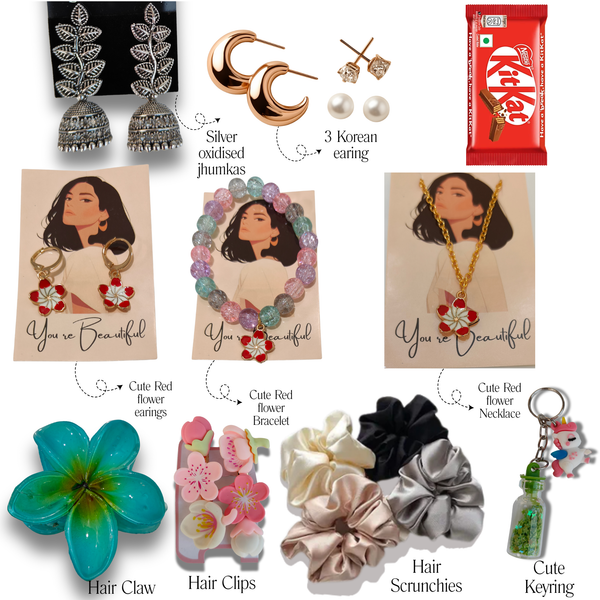 16 Pcs - Cute Red flower Hamper For Her With Unique Gift Box – Perfect for Birthday, Anniversary, Festive & Special Occasion Gifting”