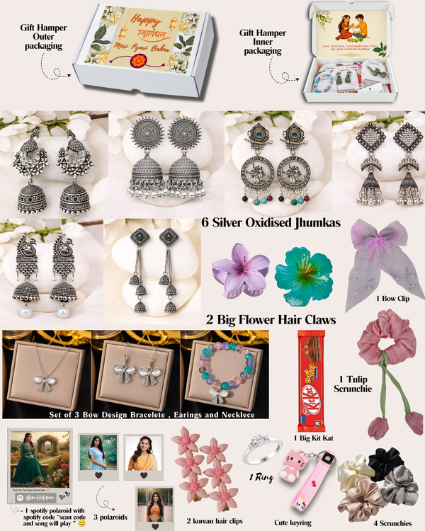 Rakhi Special Gift Box for Sister | 22 -Piece Bow Design Hamper with Jewelry, Hair Accessories, Chocolate & Polaroids.
