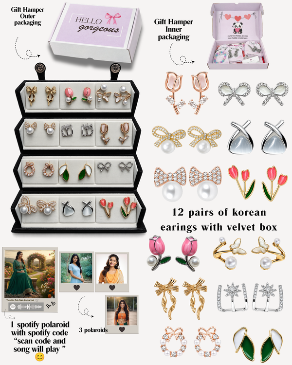 12 Pairs Korean Style Earrings Gift Set for Girls & Women with Premium Velvet Jewelry Box | Cute Pearl, Bow, Tulip & Floral Stud Earrings Collection