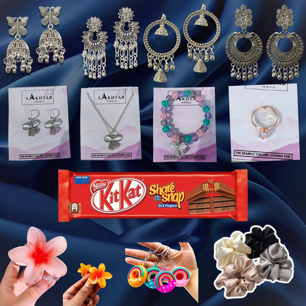 COMBO OF 16 PIECES BOW GIFT HAMPER - 5 EARINGS , 1 RING , 1 NECKLECE , 1 BRACELET , 4 SCRUNCHIES , 2 HAIR CLAW - 1 KISSES CHOCOLATE- 1 KEYCHAIN