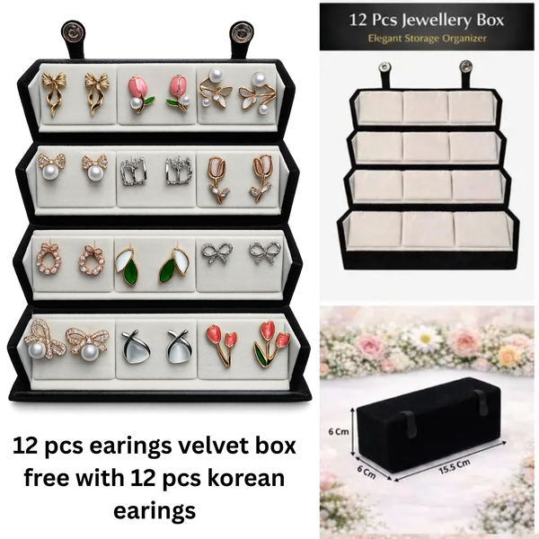 12 Pairs Korean Style Earrings Gift Set for Girls &amp; Women with Premium Velvet Jewelry Box | Cute Pearl, Bow, Tulip &amp; Floral Stud Earrings Collection