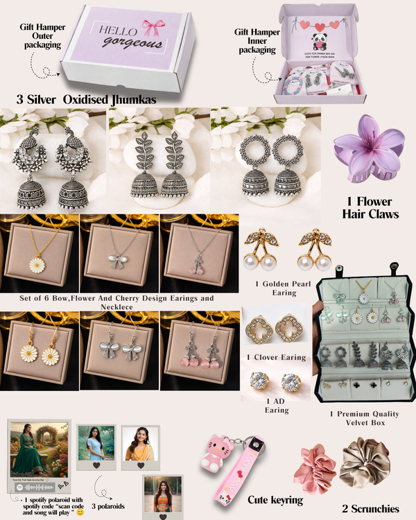 16 Pcs Luxury Jewelry Gift Hamper | Jhumkas, Earrings, Necklaces, Scrunchies, Claw & Custom Polaroids | Premium Velvet Box Combo.