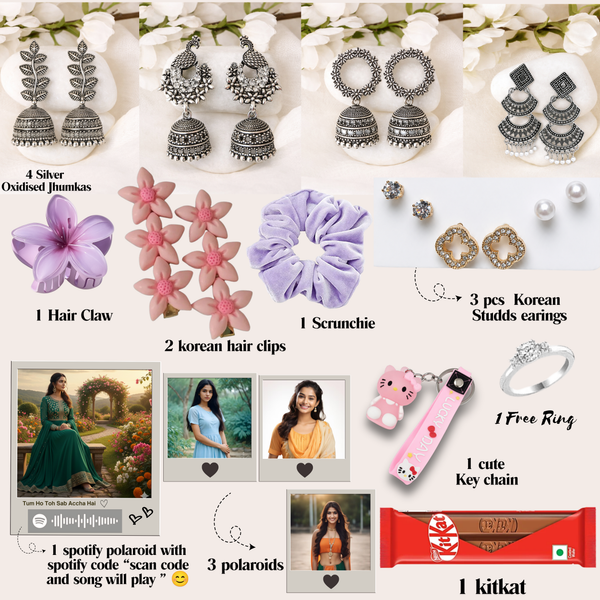 Cute Gift Box (15 Items) | 4 Silver Oxidised Jhumkas + 3 Korean Earrings + 3 Custom Polaroids (1 Spotify)(Send 4 pics for polaroids on whatsapp 8269379469)