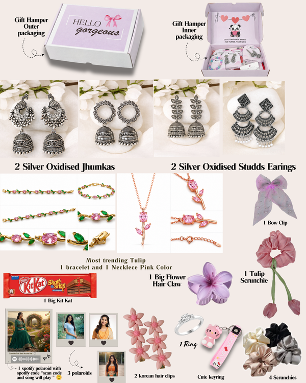 Trending Tulip Bracelet Premium Gift Hamper Set of 18 for Her | Jewellery, Accessories & Sweet Surprises