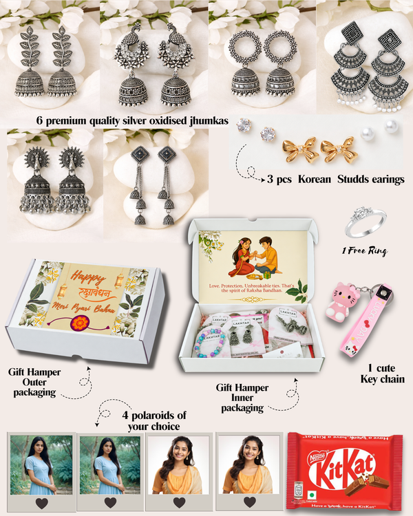 Rakhi Hello Gorgeous Panda Theme Gift Box (15 Items) | 6 Silver Oxidised Jhumkas + 3 Korean Earrings + 3 Custom Polaroids (1 Spotify) (Copy)