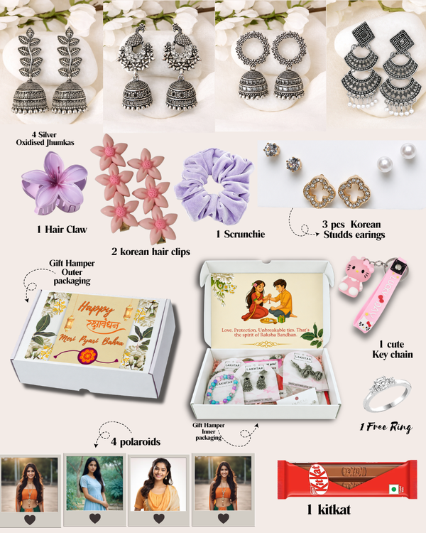 Rakhi Cute Gift Box (15 Items) | 4 Silver Oxidised Jhumkas + 3 Korean Earrings + 3 Custom Polaroids (1 Spotify) (Copy)