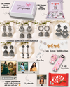 Hello Gorgeous Panda Theme Gift Box (15 Items) | 6 Silver Oxidised Jhumkas + 3 Korean Earrings + 3 Custom Polaroids (1 Spotify) + Free Ring, Cute Keychain & KitKat Chocolate