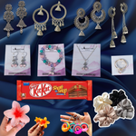 COMBO OF 16 PIECES CHERRY GIFT HAMPER - 5 EARINGS , 1 RING , 1 NECKLECE , 1 BRACELET , 4 SCRUNCHIES , 2 HAIR CLAW - 1 CHOCOLATE - 1 KEYCHAIN