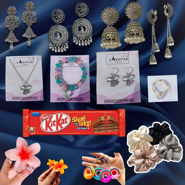 COMBO OF 16 PIECES GIFT HAMPER - 5 EARINGS , 1 RING , 1 NECKLECE , 1 BRACELET , 4 SCRUNCHIES , 2 HAIR CLAW - 1 KISSES CHOCOLATE- 1 KEYCHAIN