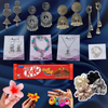 COMBO OF 16 PIECES GIFT HAMPER - 5 EARINGS , 1 RING , 1 NECKLECE , 1 BRACELET , 4 SCRUNCHIES , 2 HAIR CLAW - 1 CHOCOLATE - 1 KEYCHAIN