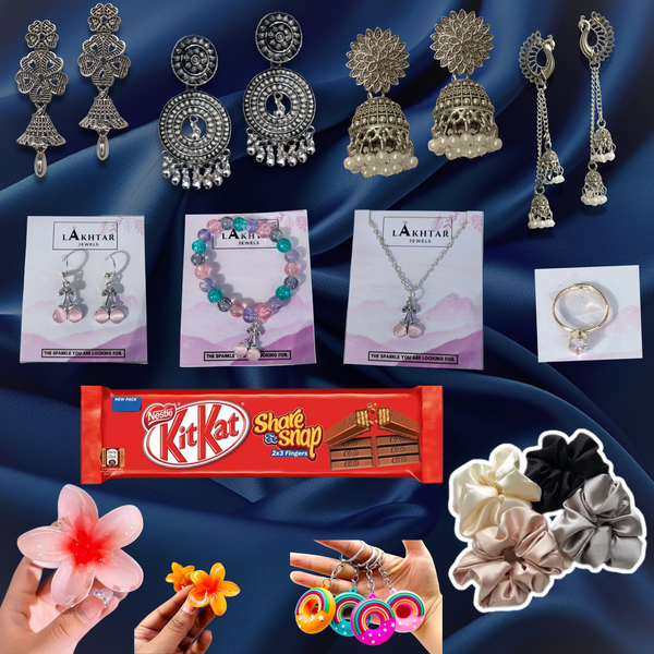 COMBO OF 16 PIECES GIFT HAMPER - 5 EARINGS , 1 RING , 1 NECKLECE , 1 BRACELET , 4 SCRUNCHIES , 2 HAIR CLAW - 1 CHOCOLATE - 1 KEYCHAIN