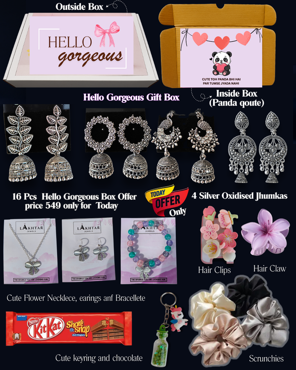 16 Pcs – Hello GoregeousWishSpecial Cute Bow Gift Hamper for Her | With Unique Festive Gift BoxPerfect forBirthday & Special Occasion Gifting