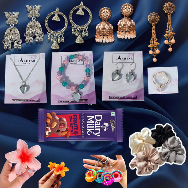 COMBO OF 16 PIECES GIFT HAMPER - 5 EARINGS , 1 RING , 1 NECKLECE , 1 BRACELET , 4 SCRUNCHIES , 2 HAIR CLAW - 1 KISSES CHOCOLATE- 1 KEYCHAIN