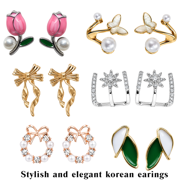 12 Pairs Korean Style Earrings Gift Set for Girls &amp; Women with Premium Velvet Jewelry Box | Cute Pearl, Bow, Tulip &amp; Floral Stud Earrings Collection