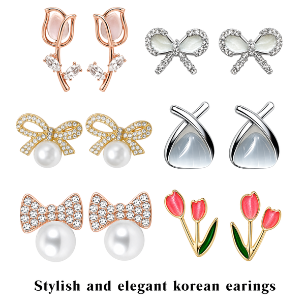 12 Pairs Korean Style Earrings Gift Set for Girls &amp; Women with Premium Velvet Jewelry Box | Cute Pearl, Bow, Tulip &amp; Floral Stud Earrings Collection