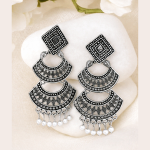 Geometric Layered Silver Oxidised Statement Earrings