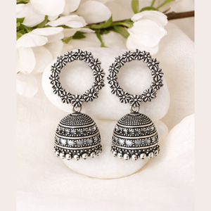 Floral Circle Silver Oxidised Jhumka Earrings