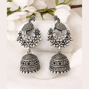 Peacock-Inspired Silver Oxidised Jhumka Earrings