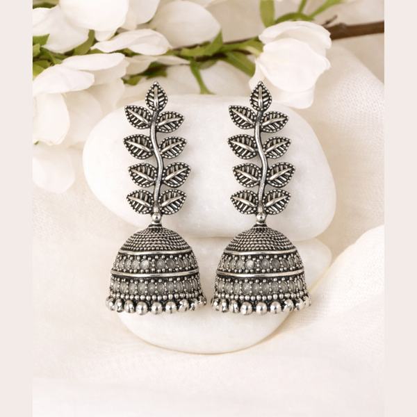 Leaf Motif Silver Oxidised Jhumka Earrings