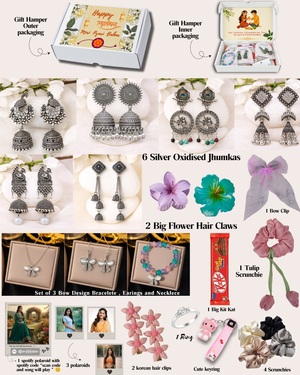 Rakhi Special Gift Box for Sister | 22 -Piece Bow Design Hamper with Jewelry, Hair Accessories, Chocolate & Polaroids.