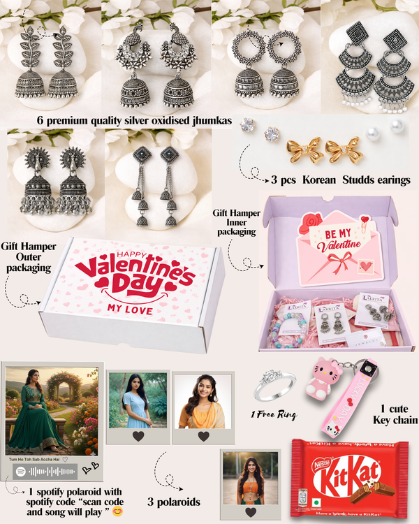 Valentine day Theme Gift Box Flower (15 Items) | 6 Silver Oxidised Jhumkas + 3 Korean Earrings + 3 Custom Polaroids (1 Spotify) + Free Ring, Cute Keychain & KitKat Chocolate