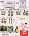Hello Gorgeous Panda Theme Gift Box (15 Items) | 6 Silver Oxidised Jhumkas + 3 Korean Earrings + 3 Custom Polaroids (1 Spotify) + Free Ring, Cute Keychain & KitKat Chocolate