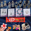 COMBO OF 16 PIECES HEART GIFT HAMPER - 5 EARINGS , 1 RING , 1 NECKLECE , 1 BRACELET , 4 SCRUNCHIES , 2 HAIR CLAW - 1 KIT KAT - 1 KEYCHAIN